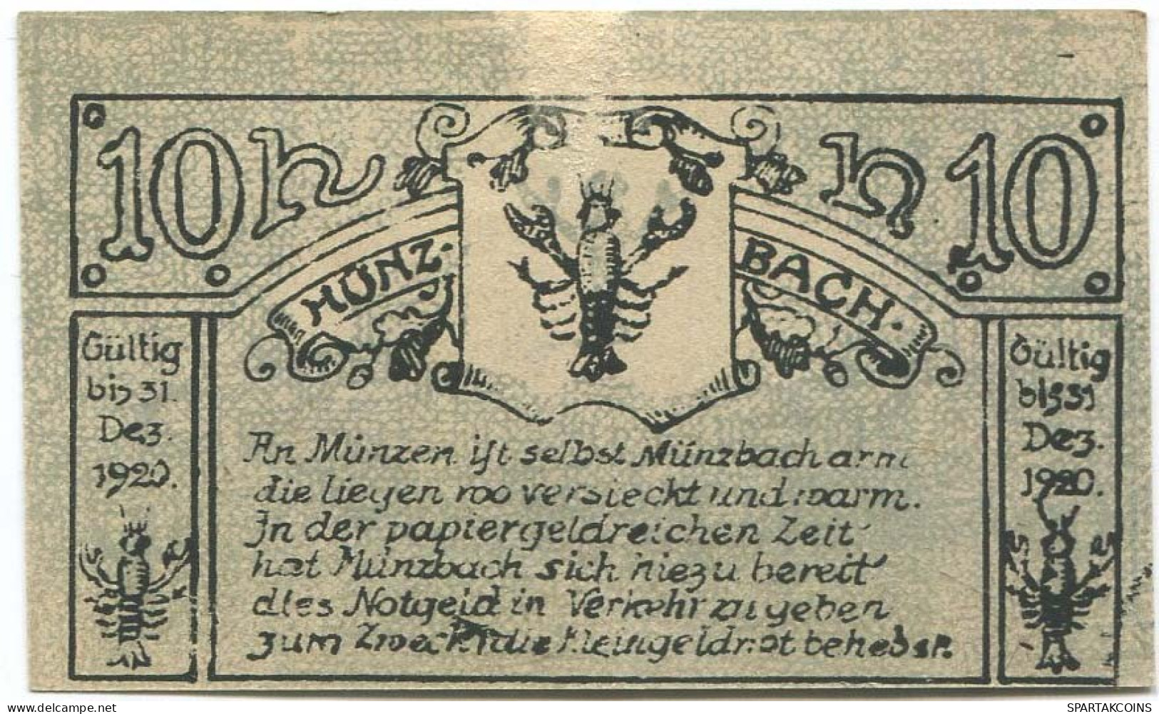 10 HELLER 1920 Stadt MÜNZBACH Oberösterreich Österreich Notgeld Papiergeld Banknote #PL731 - [11] Local Banknote Issues