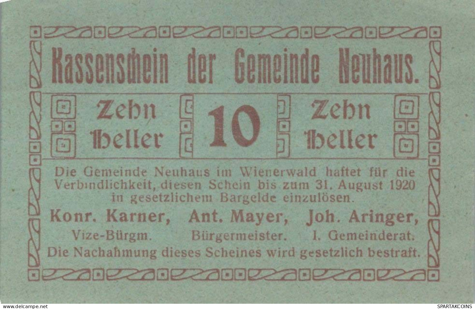 10 HELLER 1920 Stadt NEUHAUS IM WIENERWALD Niedrigeren Österreich #PE449 - [11] Emissioni Locali
