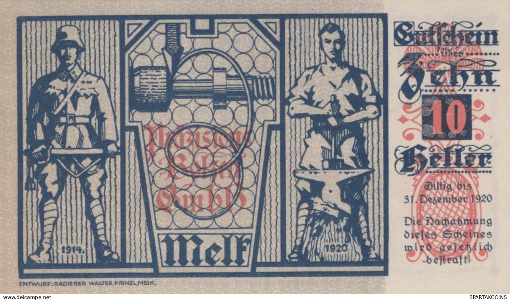10 HELLER 1920 Stadt MELK Niedrigeren Österreich Notgeld Banknote #PD837 - Lokale Ausgaben