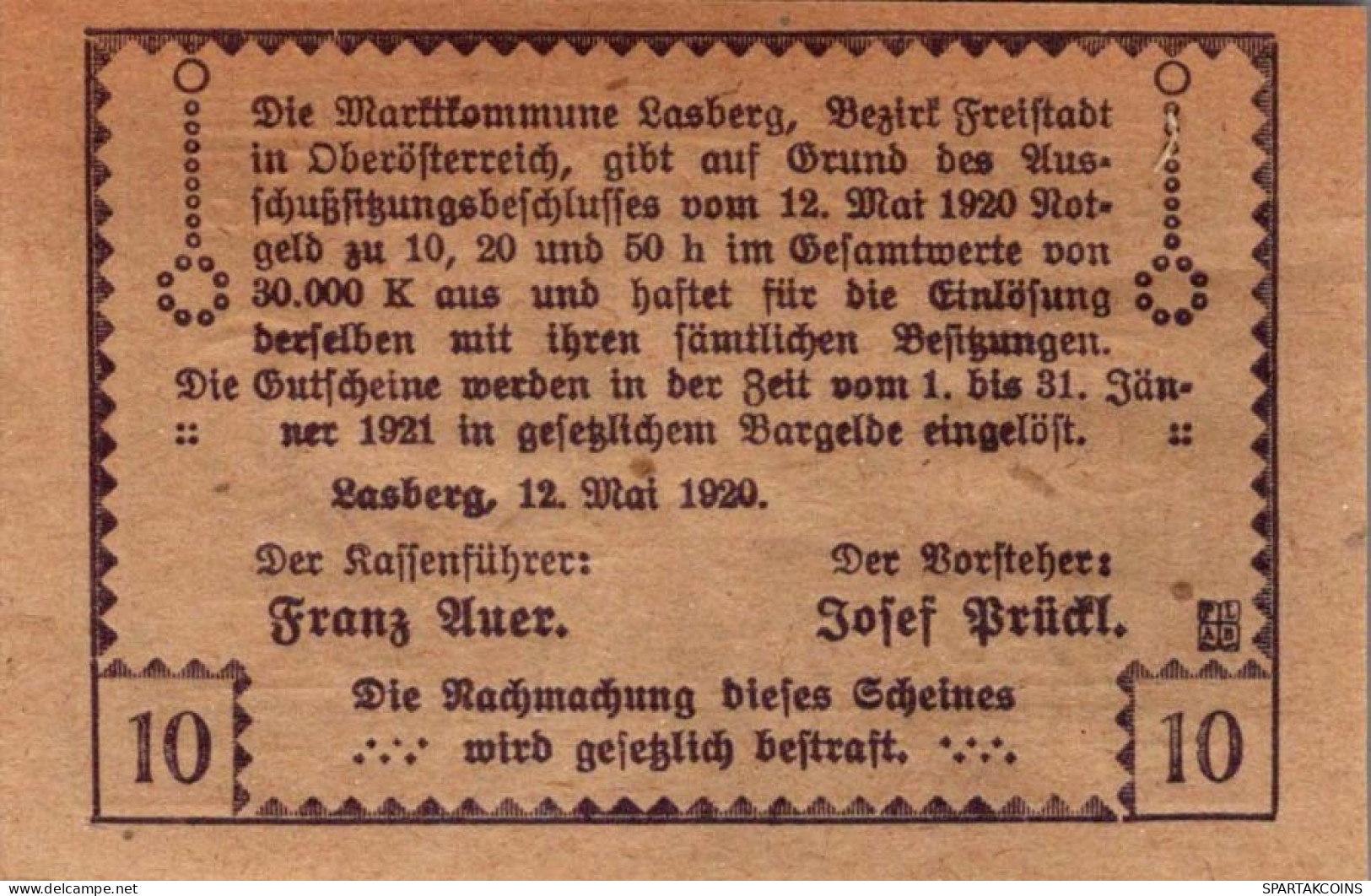 10 HELLER 1920 Stadt LASBERG Oberösterreich Österreich Notgeld Papiergeld Banknote #PG598 - [11] Emisiones Locales
