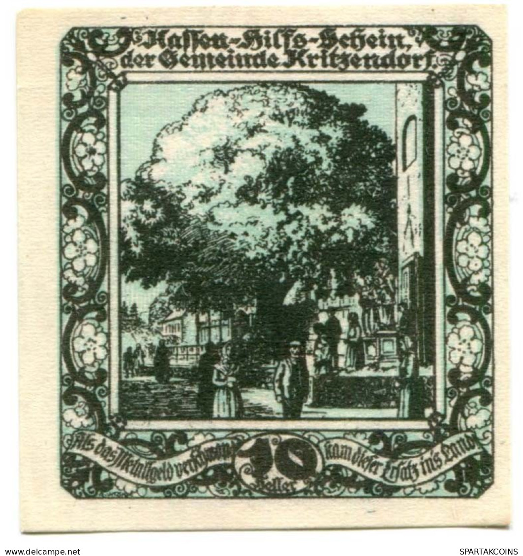 10 HELLER 1920 Stadt KRITZENDORF Niedrigeren Österreich Notgeld Papiergeld Banknote #PL660 - [11] Emisiones Locales