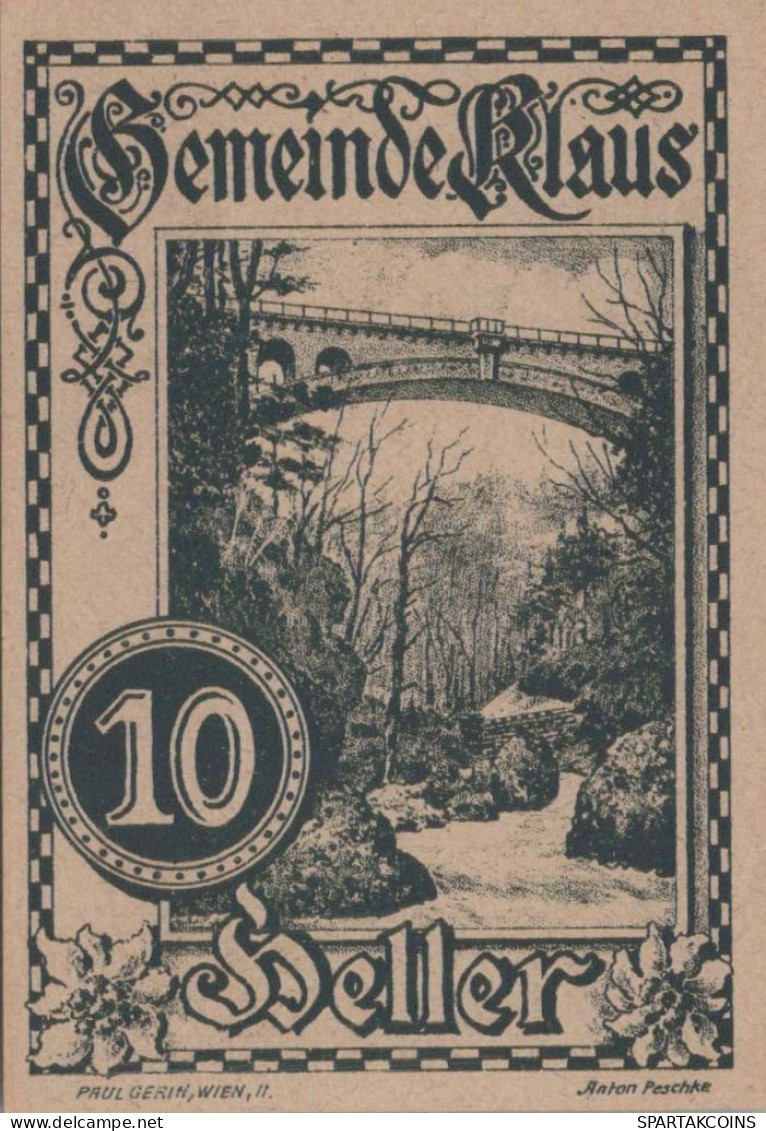 10 HELLER 1920 Stadt KLAUS Oberösterreich Österreich UNC Österreich Notgeld Banknote #PH472 - [11] Emisiones Locales