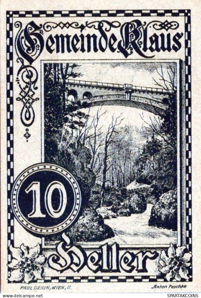 10 HELLER 1920 Stadt KLAUS Oberösterreich Österreich UNC Österreich Notgeld Banknote #PH472 - [11] Emisiones Locales