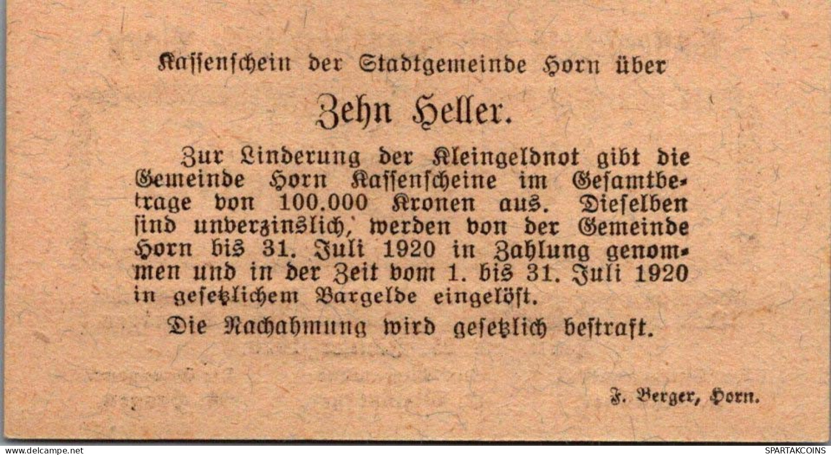 10 HELLER 1920 Stadt HORN Niedrigeren Österreich Notgeld Papiergeld Banknote #PG891 - [11] Emisiones Locales