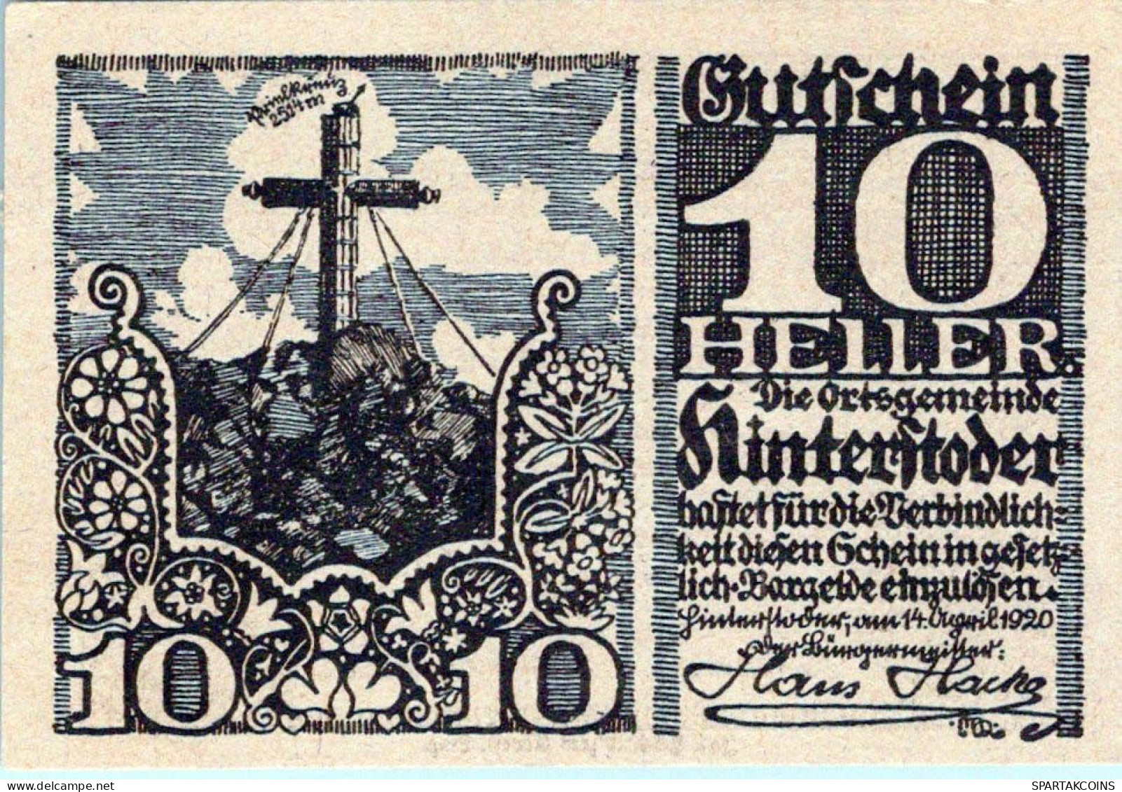 10 HELLER 1920 Stadt HINTERSTODER Oberösterreich Österreich Notgeld Papiergeld Banknote #PG851 - [11] Lokale Uitgaven