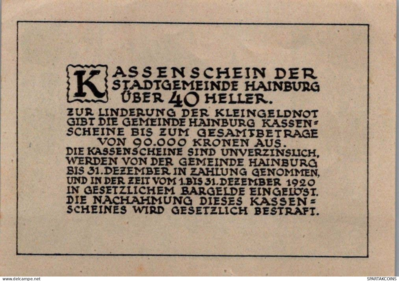 10 HELLER 1920 Stadt HAINBURG AN DER DONAU Niedrigeren Österreich #PD608 - [11] Emissions Locales