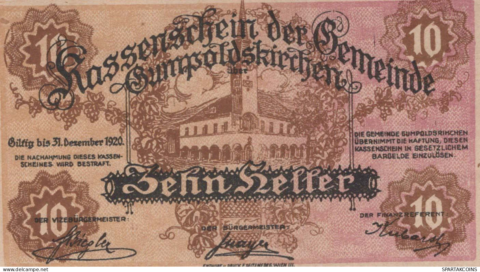 10 HELLER 1920 Stadt GUMPOLDSKIRCHEN Niedrigeren Österreich Notgeld #PE934 - [11] Local Banknote Issues