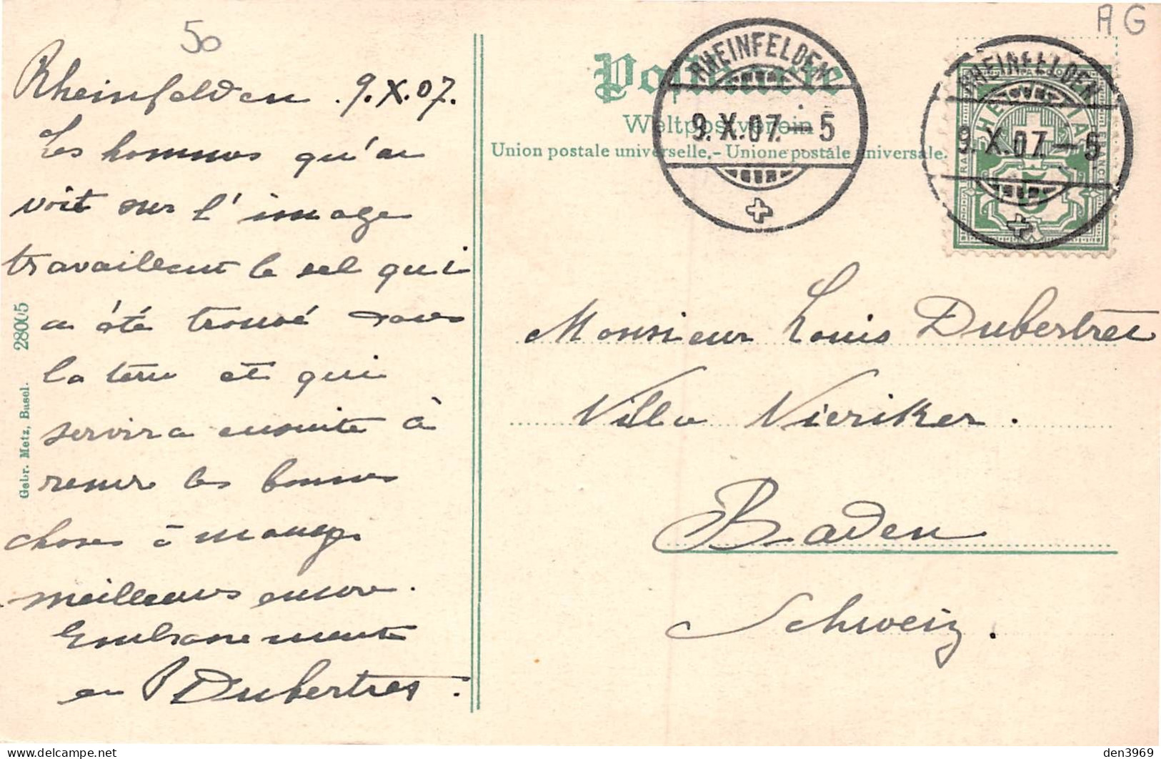 Suisse - AG - RHEINFELDEN - Saline - Inneres - Voyagé 1907 (2 Scans) Louis Dubertres, Villa Nieriker à Baden Schweiz - Rheinfelden