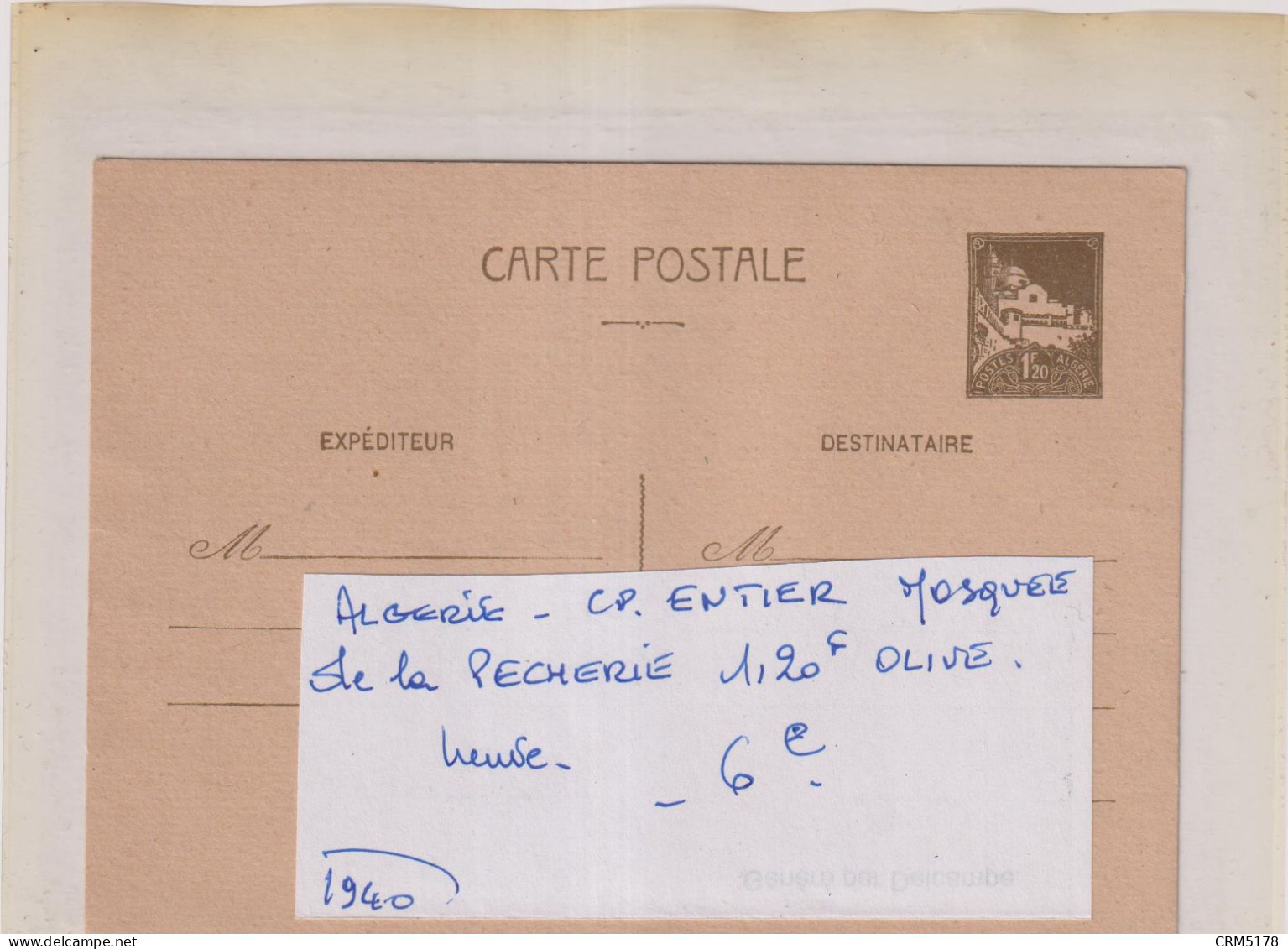 TP ENTIER- ALGERIE -MOSQUEE DE LA PECHERIE 1.20 F.OLIVE-NEUF S/CP1940 - Other & Unclassified