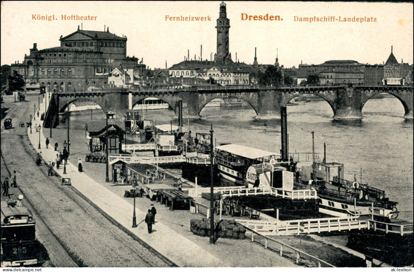 Innere Altstadt-Dresden Straßenbahn, Dampferlandeplatz - Fernheizkraftwerk 1914  - Dresden