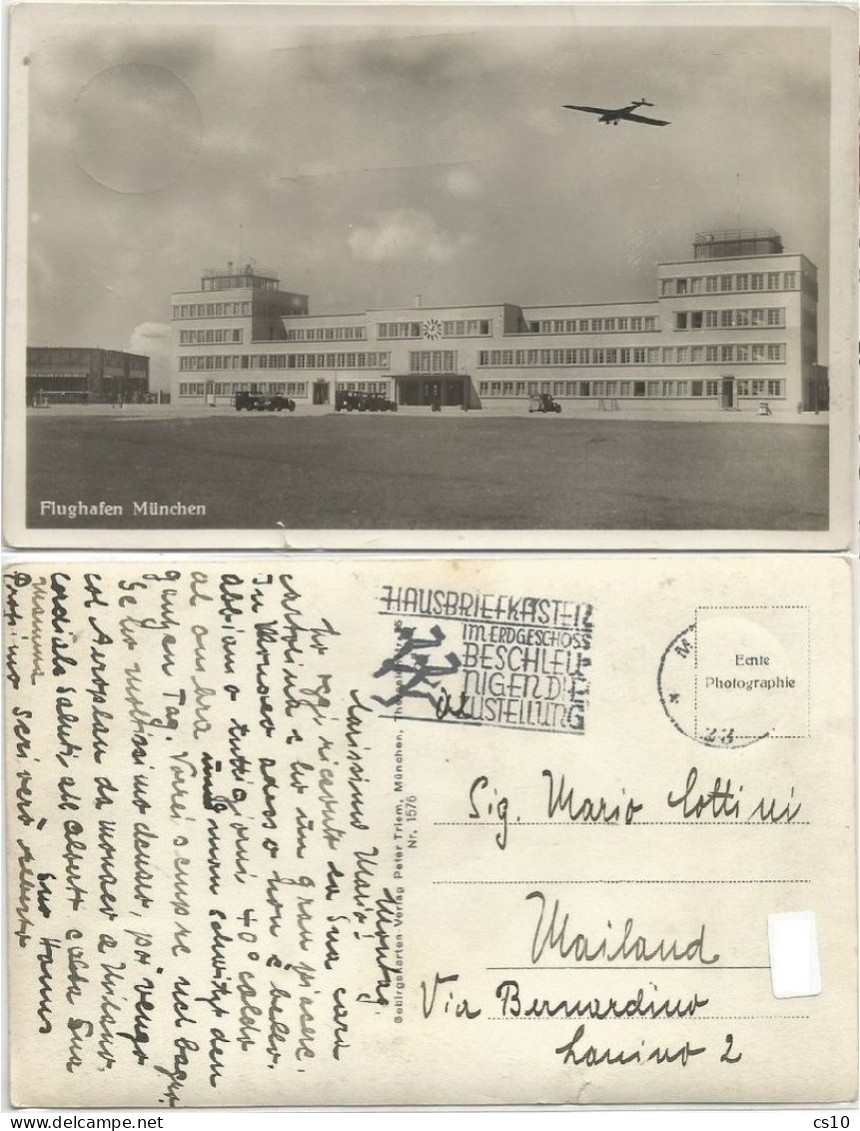 Germany (3rd Reich Era) Flughafen Munchen Airport Stampless Pcard From The 30's To Milano - Aerodromes