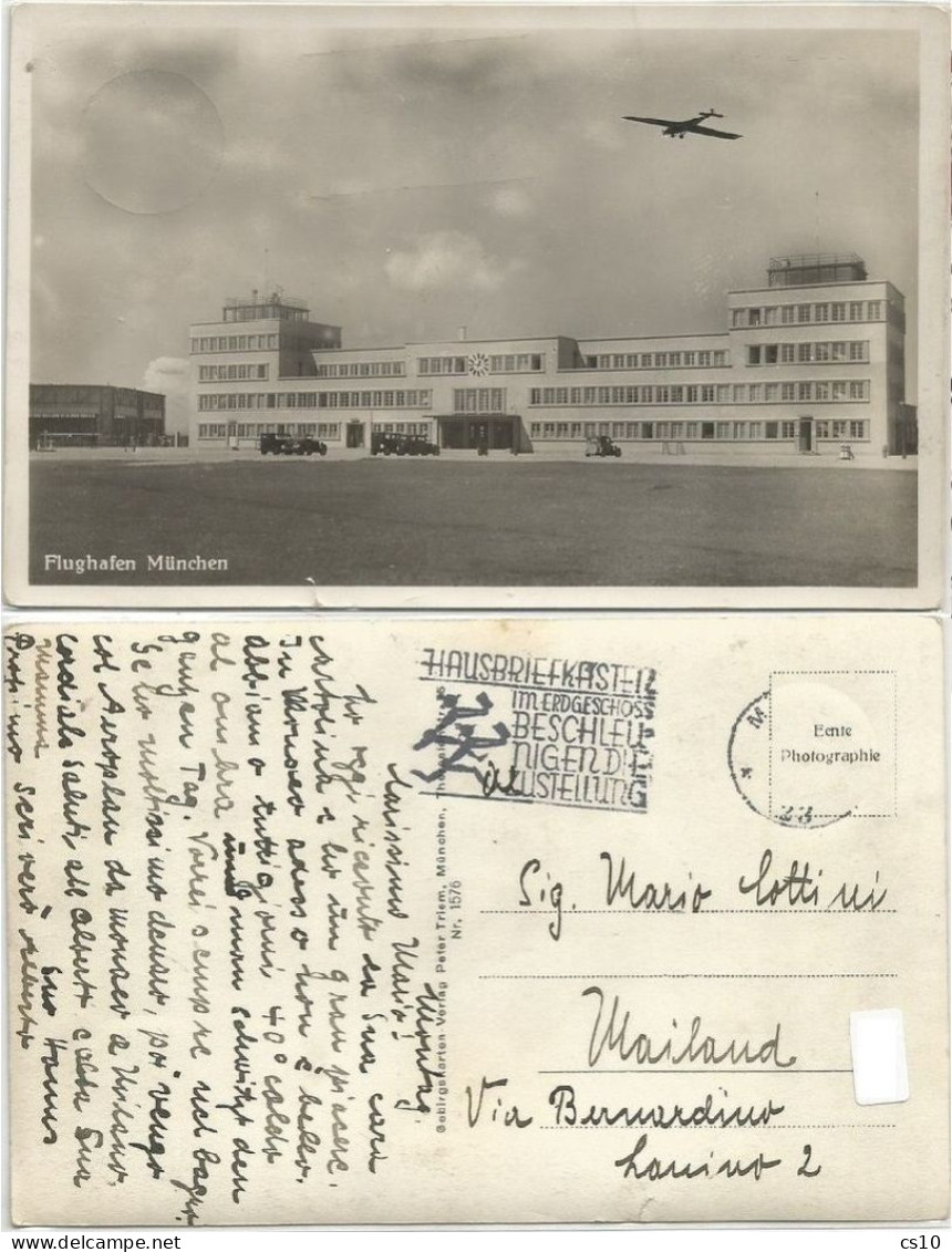 Germany (3rd Reich Era) Flughafen Munchen Airport Stampless Pcard From The 30's To Milano - Aérodromes