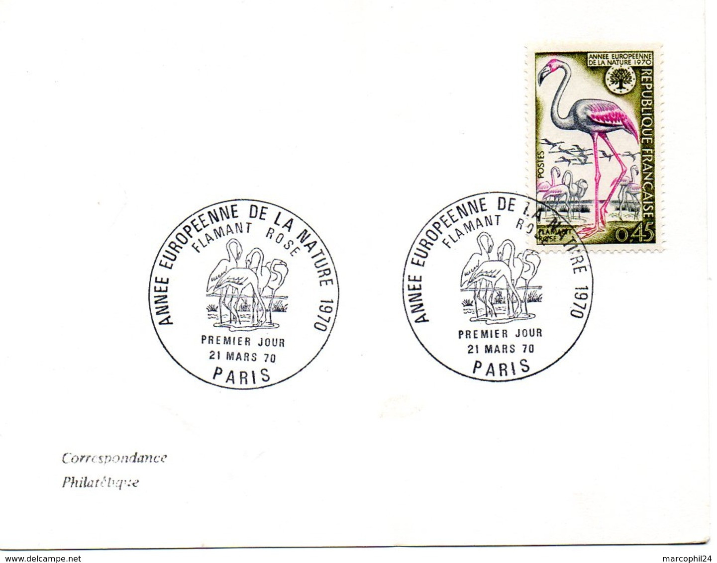 OISEAU / ECHASSIER = 75 PARIS 1970 = CACHET PREMIER JOUR N° 1634 = ANNEE EUROPEENNE DE LA NATURE FLAMANT ROSE - Storks & Long-legged Wading Birds