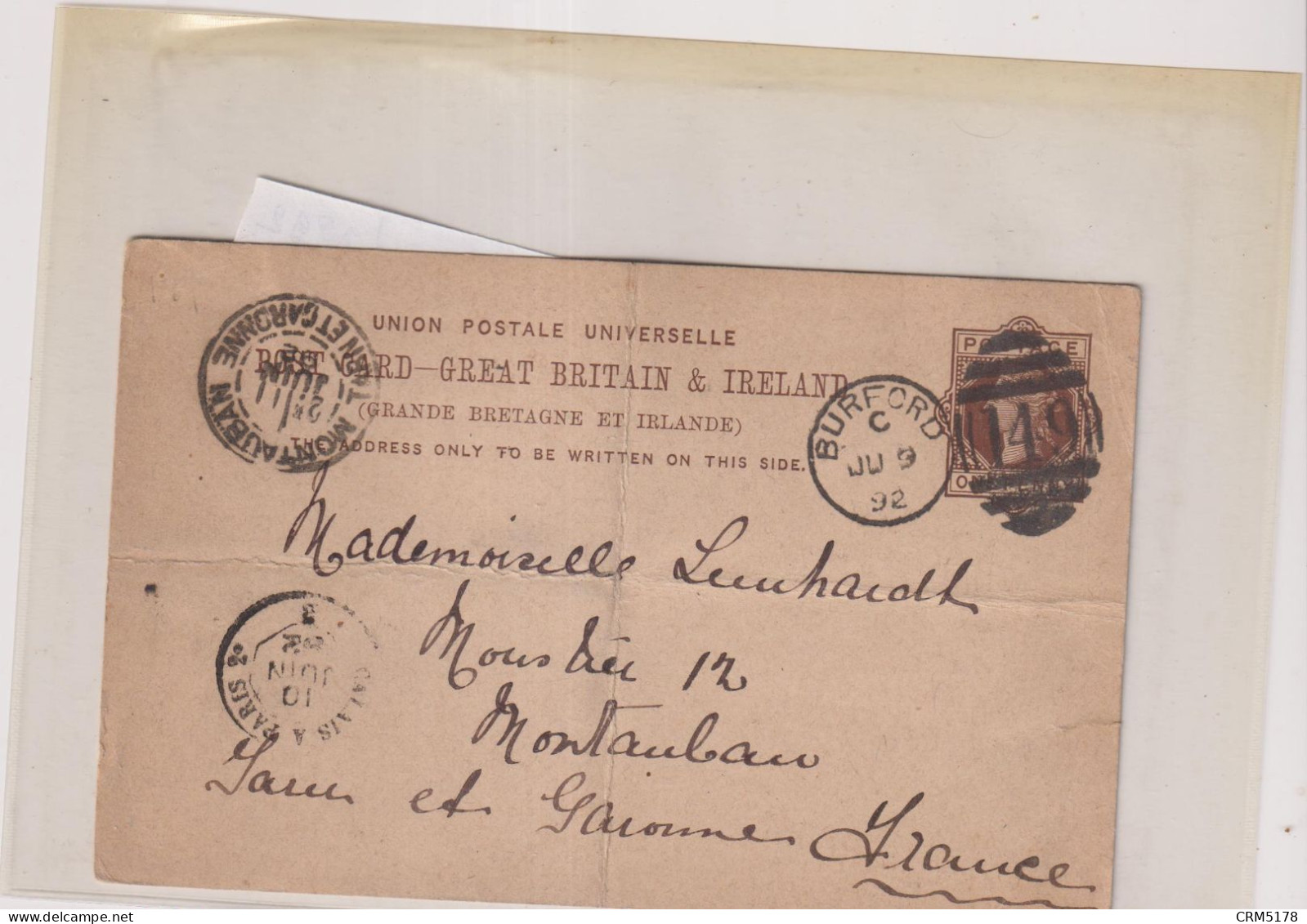 TP ENTIER- GRANDE BRETAGNE-1 PENNY-OB-BURFORD-JUIN 1892 POUR LA FRANCE S/CP-1892 - Postmark Collection