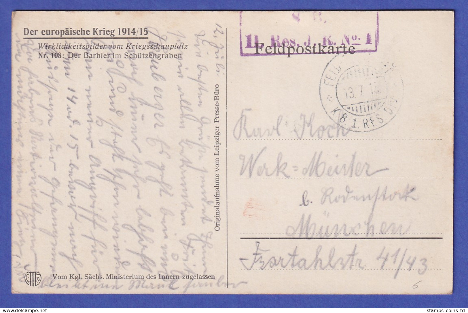 Deutsches Reich 1915 Feldpostkarte "Barbier Im Schützengraben" - Feldpost (portvrij)