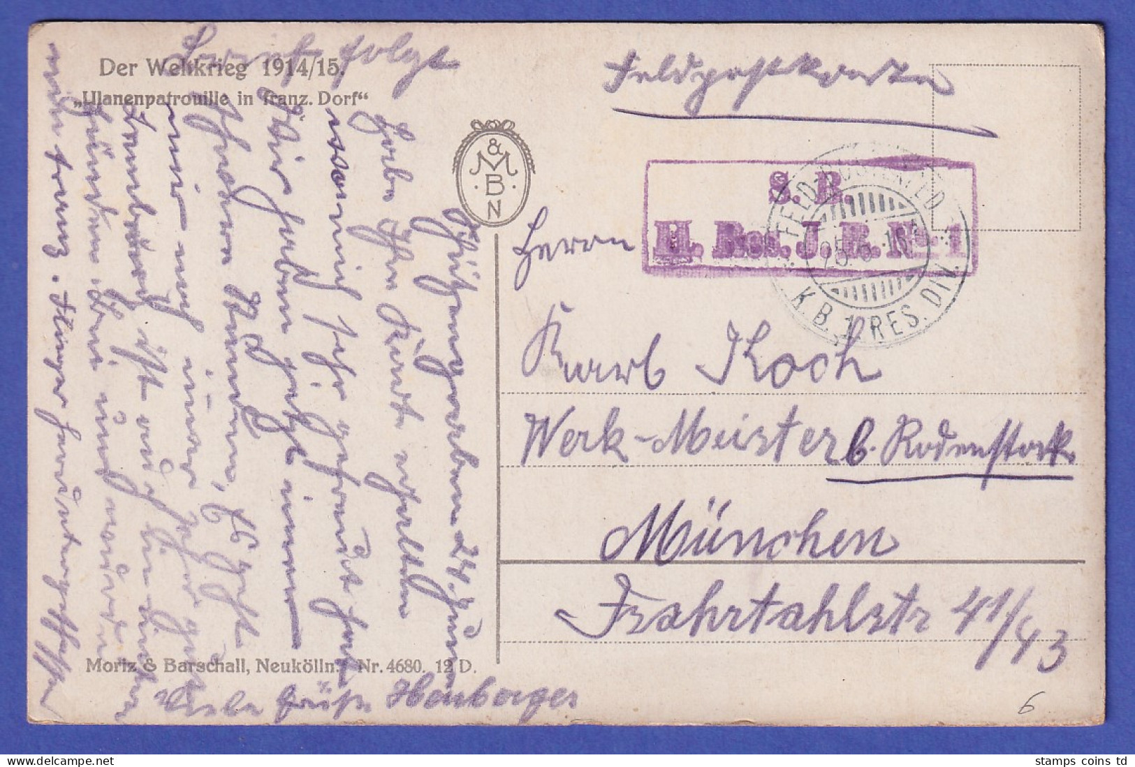 Deutsches Reich 1915 Feldpostkarte "Ulanenpatrouille In Französischem Dorf" - Feldpost (franqueo Gratis)