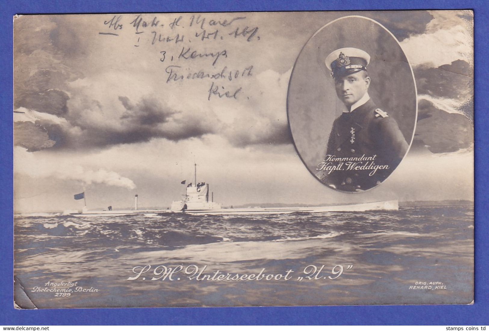 Deutsches Reich 1916 Marine-Feldpostkarte U-Boot U 9 Kapitänleutnant Weddigen - Feldpost (postage Free)