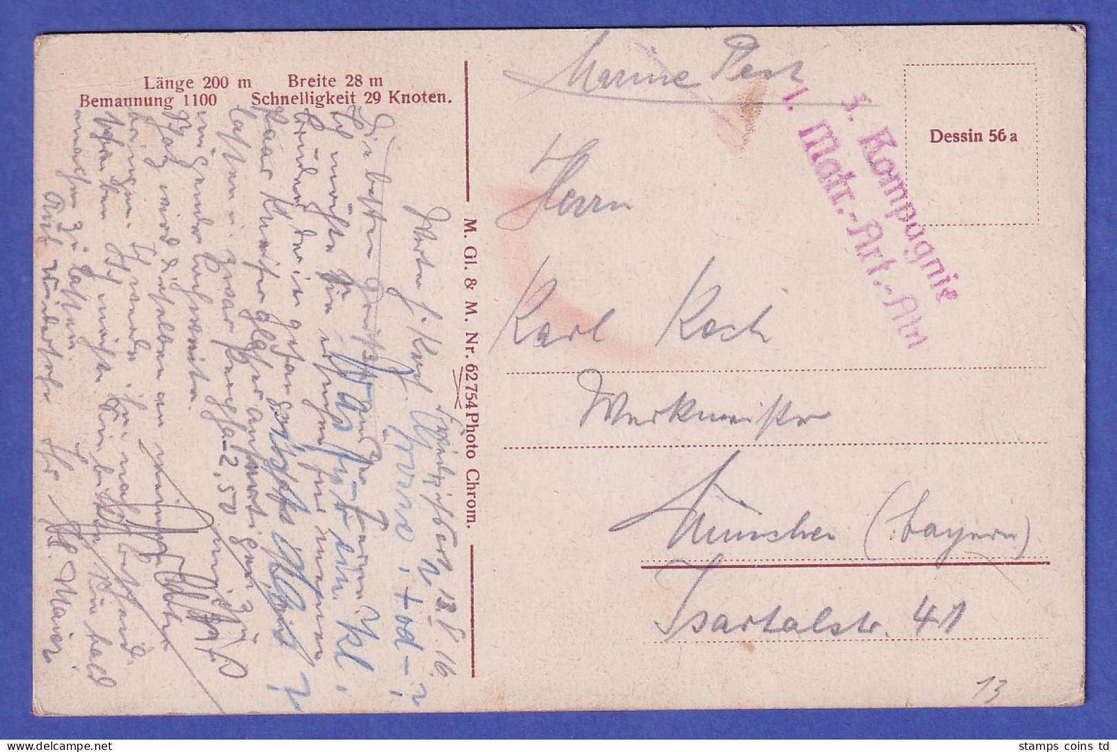 Deutsches Reich 1916 Marine-Feldpostkarte Panzerkreuzer Seydlitz - Feldpost (portvrij)