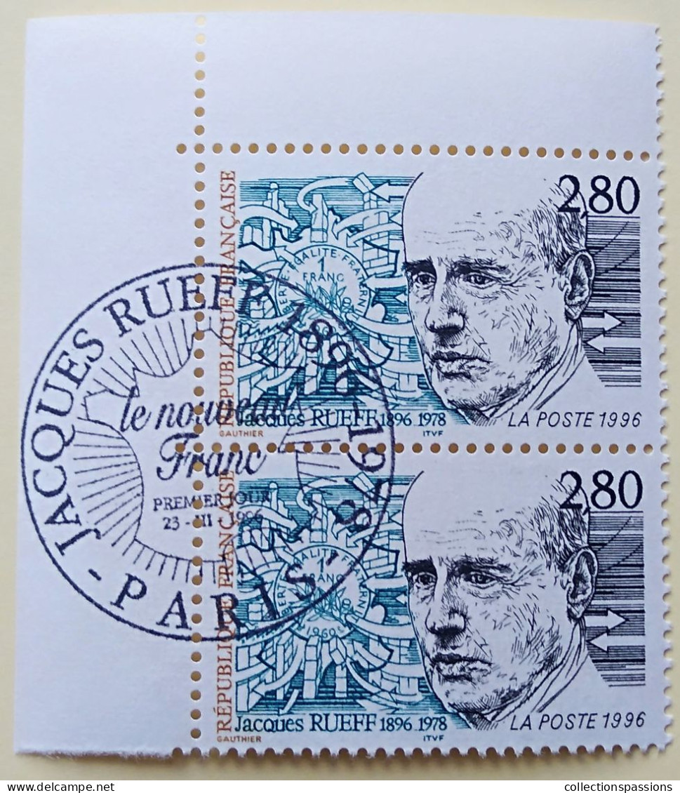 - N° 2994. Paire En Coin De Feuille. Jacques Rueff. Oblitéré Premier Jour - - Used Stamps