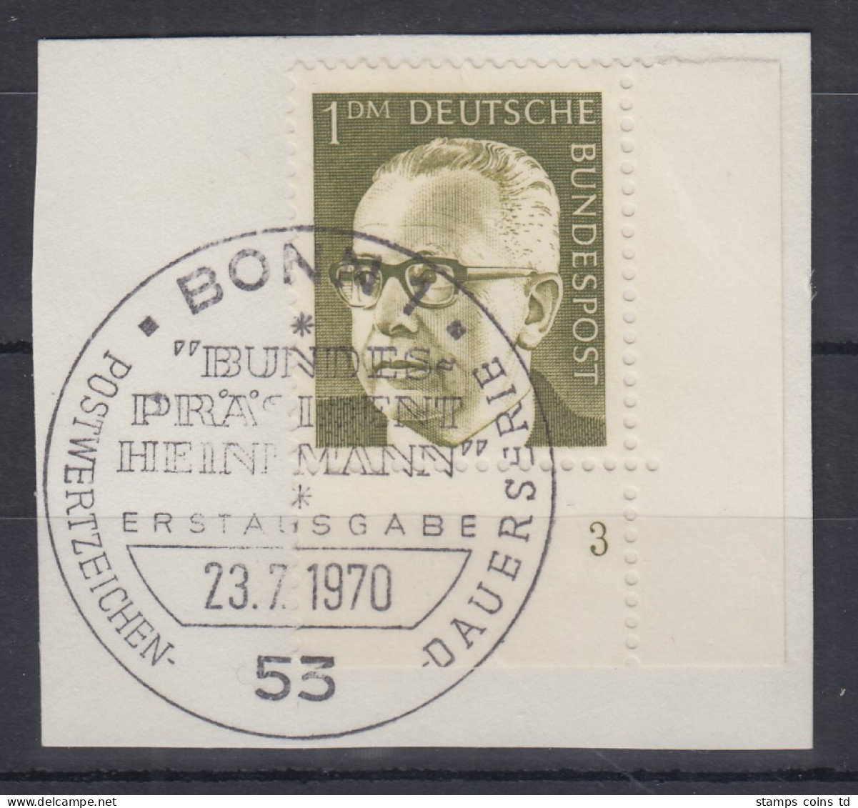 Bund 1970 Heinemann 1DM Mi.-Nr. 644 Eckrandstück Mit Formnummer 3 Mit So-O  - Used Stamps