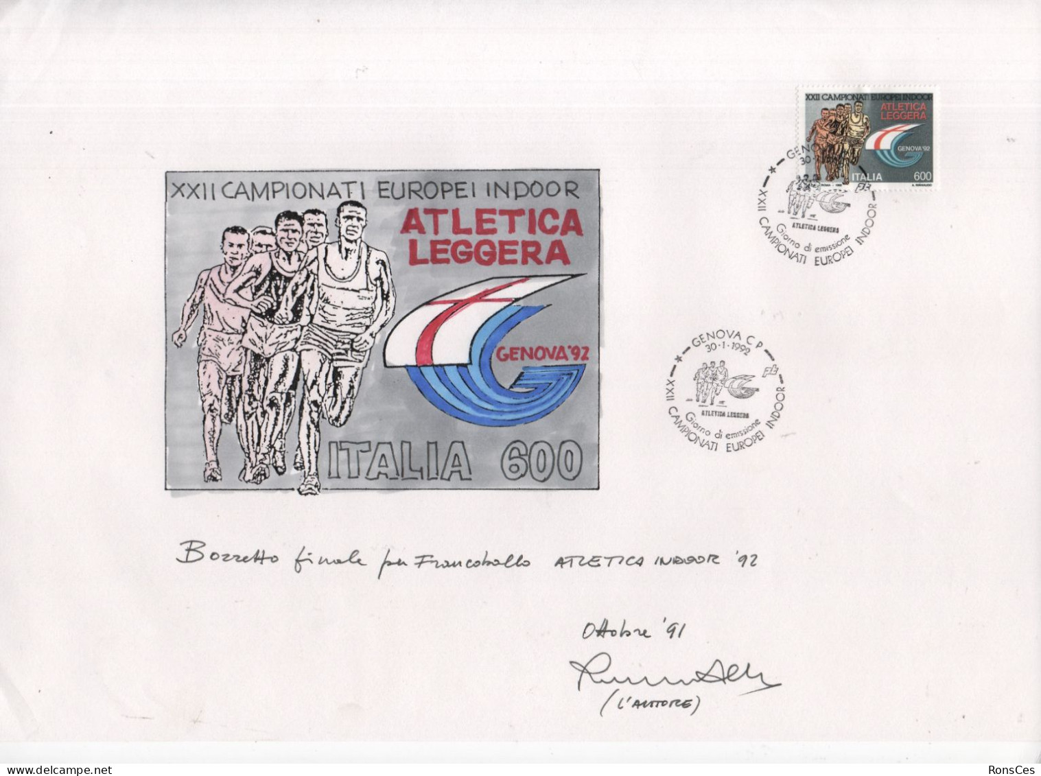 ATHLETICS - ITALIA GENOVA 1992 - XXII CAMPIONATI EUROPEI INDOOR D'ATLETICA LEGGERA - BOZZETTO FINALE FRANCOBOLLO - A - Athlétisme
