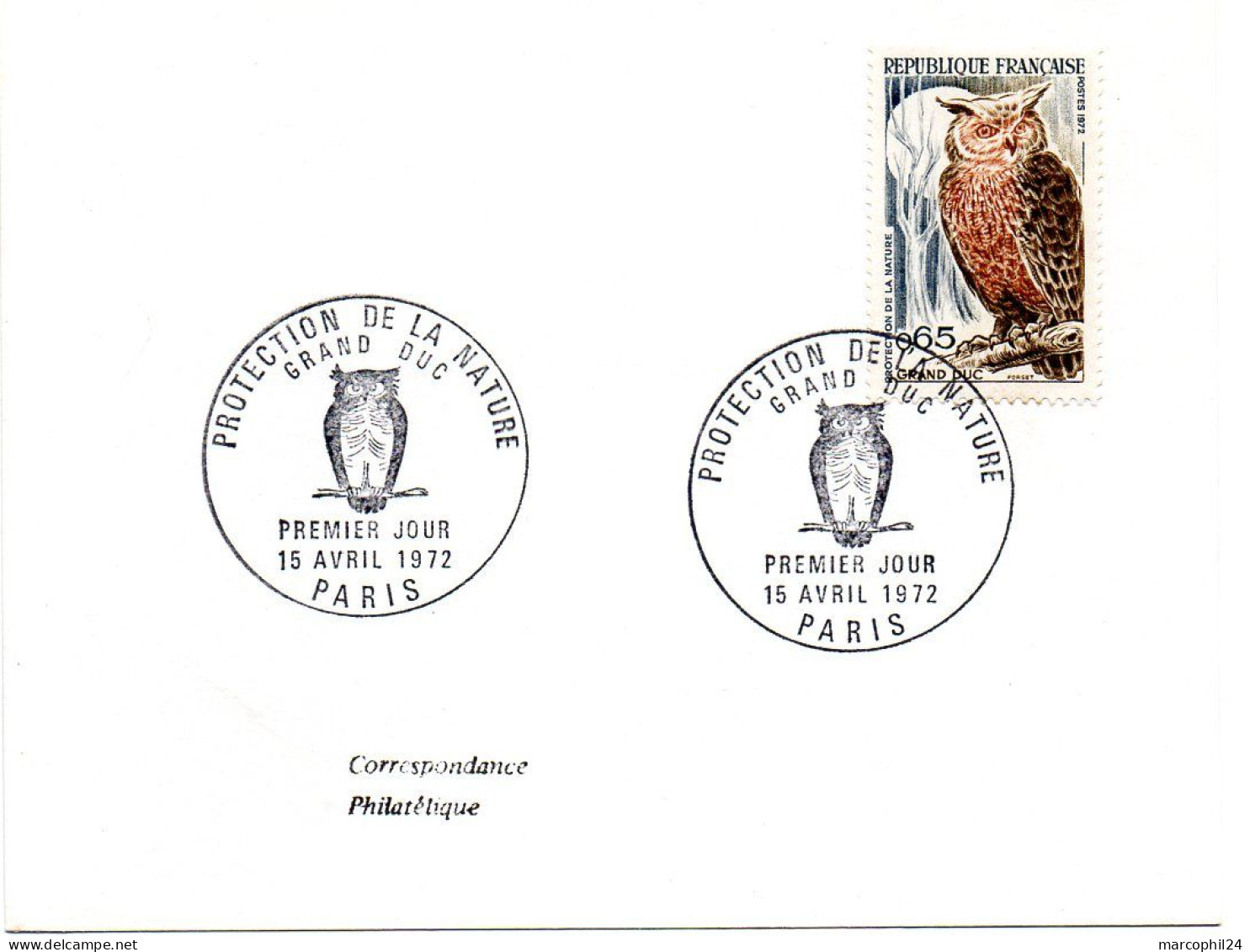 OISEAU / RAPACE = 75 PARIS 1972 = CACHET PREMIER JOUR N° 1694 = PROTECTION DE LA NATURE GRAND DUC - 1970-1979