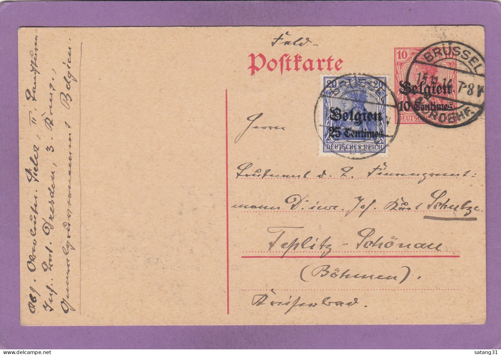 ENTIER POSTAL AVEC AFFRANCHISSEMENT COMPLEMENTAIRE DE BRUXELLES(NORD BHF) POUR TEPLITZ-SCHÖNAU,BOHEME (TEPLICE,TCHEQUIE) - OC1/25 Generaal Gouvernement