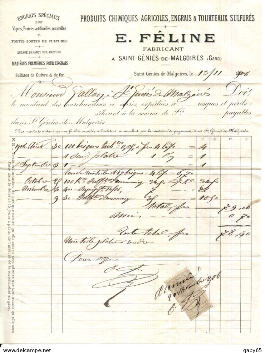 FACTURE.30.GARD.SAINT GÉNIÈS DE MALGOIRES.PRODUITS CHIMIQUES.ENGRAIS & TOURTEAUX SULFURÉS.E.FÉLINE FABRICANT. - Agriculture