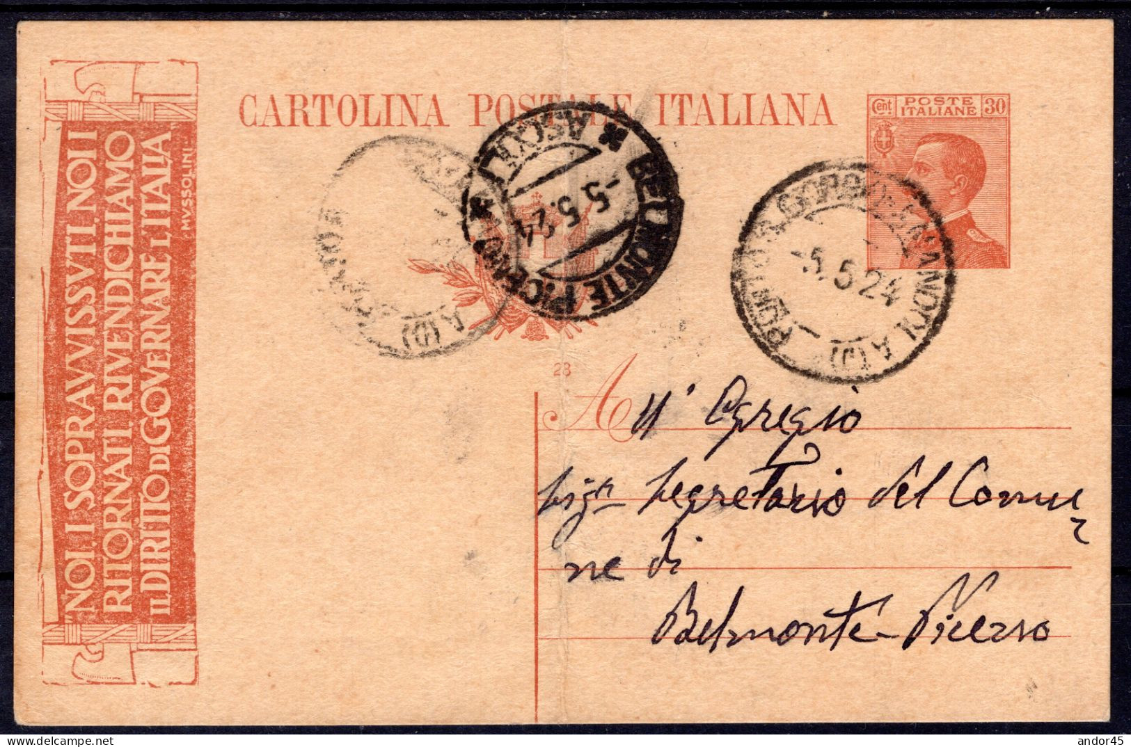 1924 5 MAG  C.30 SASS.C53-IDEM 23  "MICHETTI"USATO SU CARTOLINA POSTALE  X BELMONTE PICENO  MOLTO BELLA - Entiers Postaux