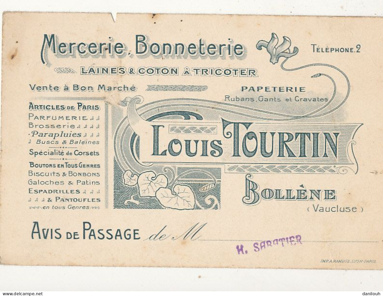 84 // BOLLENE   Louis TOURTIN  Meercerie Bonneterie  / Carte Publicitaire / Avis De Passage  ** - Bollene