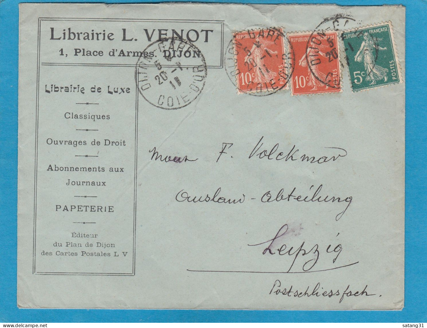 LIBRAIRIE L. VENOT, DIJON. LETTRE POUR LEIPZIG,1911. - Cartas & Documentos