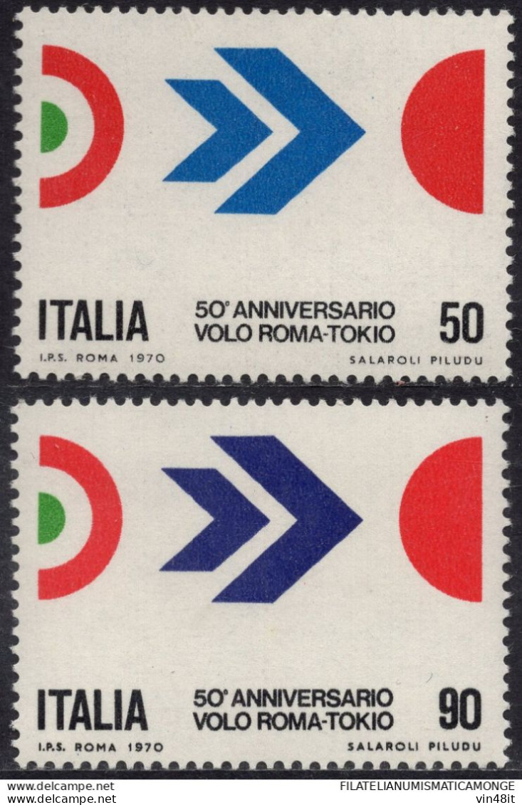 1970 - ITALIA REPUBBLICA -  CINQUANTENARIO VOLO ROMA - TOKIO  - SERIE COMPLETA  -  2 VALORI  - NUOVO - 1961-70: Nieuw/plakker