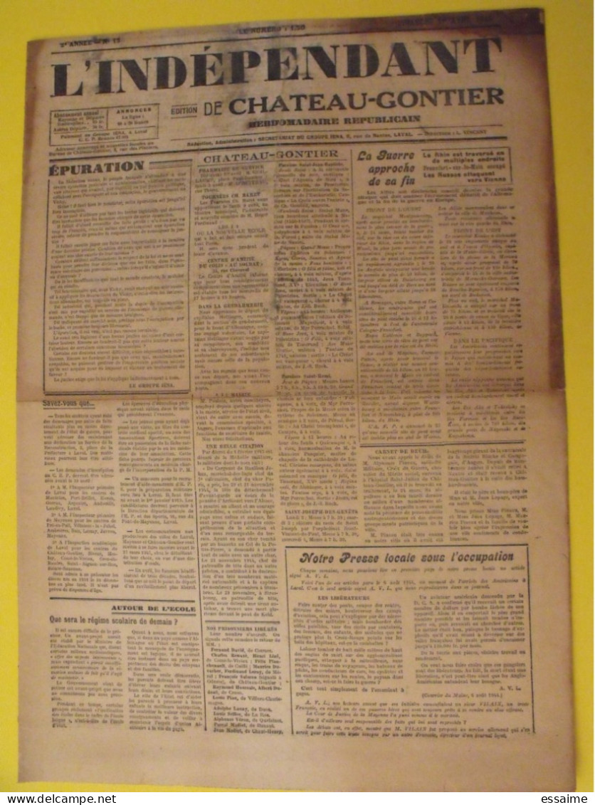 Hebdo L'indépendant De Chateau-Gontier. Mayenne Laval. N° 13, 1er Avril 1945. épuration Collaboration Guerre Occupation - War 1939-45