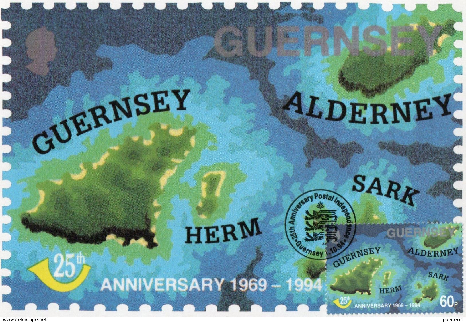 25th Postal Anniv 1994-Stampcard With "60p Stamp + Comm Handstamp"-Map Of Alderney,Guernsey, Herm & Sark- Ile Aurigny - Non Classés