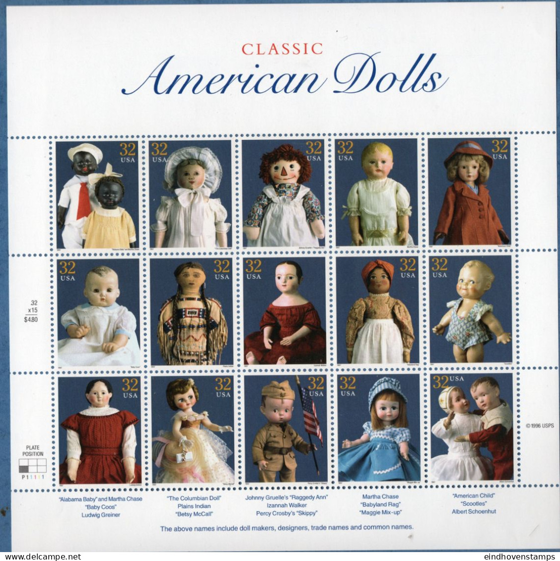 USA 1997 American Dolls Sheet MNH Alabama Baby, Columbian, Raggady Ann, Izannah, Betsy McCall, Skippy, Schoenhut - Poupées