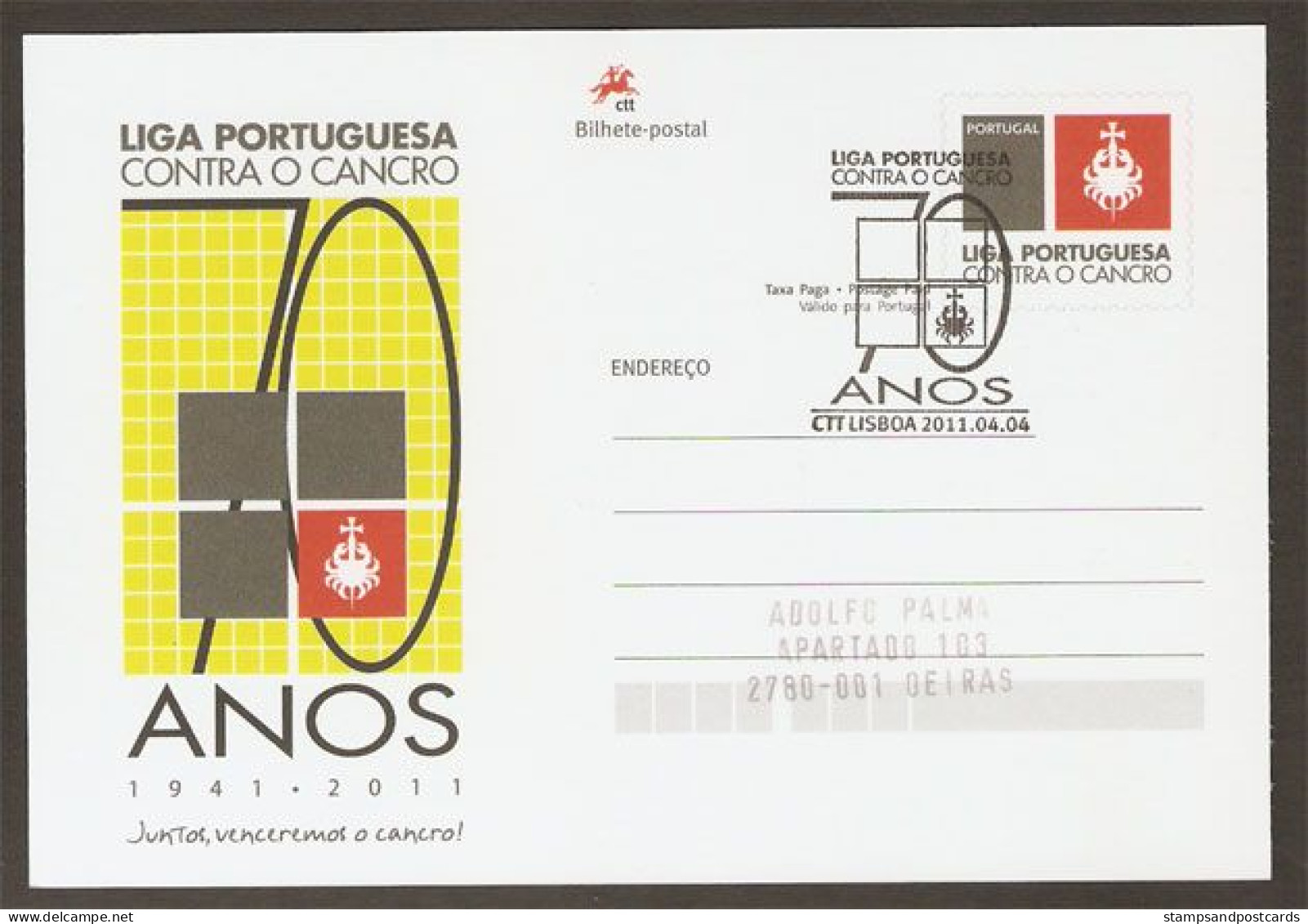 Portugal Carte Entier Postal Ligue Contre Le Cancer Cachet Premier Jour 2011 Postal Stationery League Against Cancer Pmk - Krankheiten