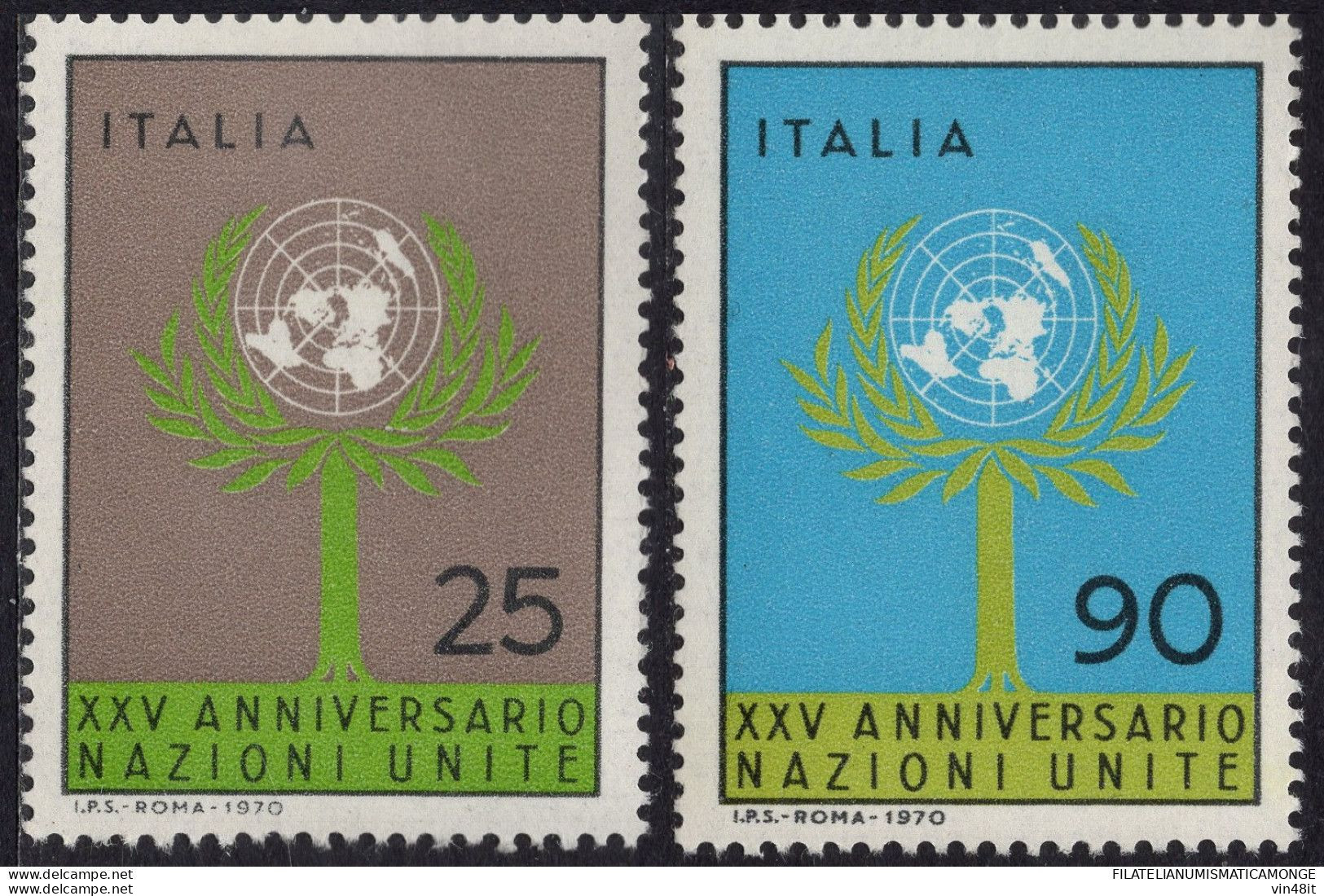 1970 - ITALIA REPUBBLICA -  ANNIVERSARIO DELL'O.N.U.  - SERIE COMPLETA - 2 VALORI    - NUOVO - 1961-70: Ungebraucht