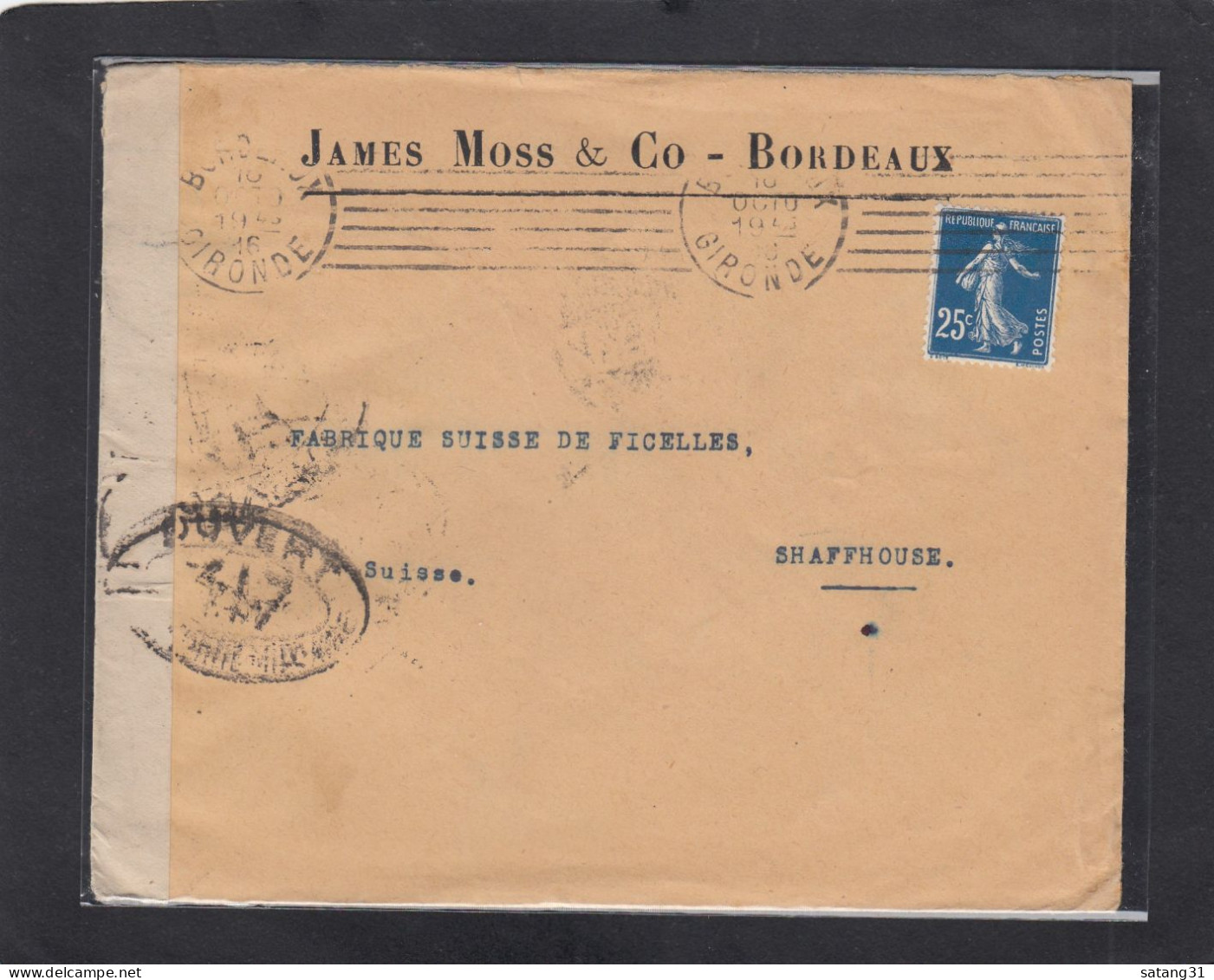 JAMES MOSS & CO,BORDEAUX. LETTRE POUR UNE FABRIQUE DE FICELLES A SCHAFFHAUSEN,SUISSE.OUVERTE PAR LA CENSURE MILITAIRE FR - Cartas & Documentos