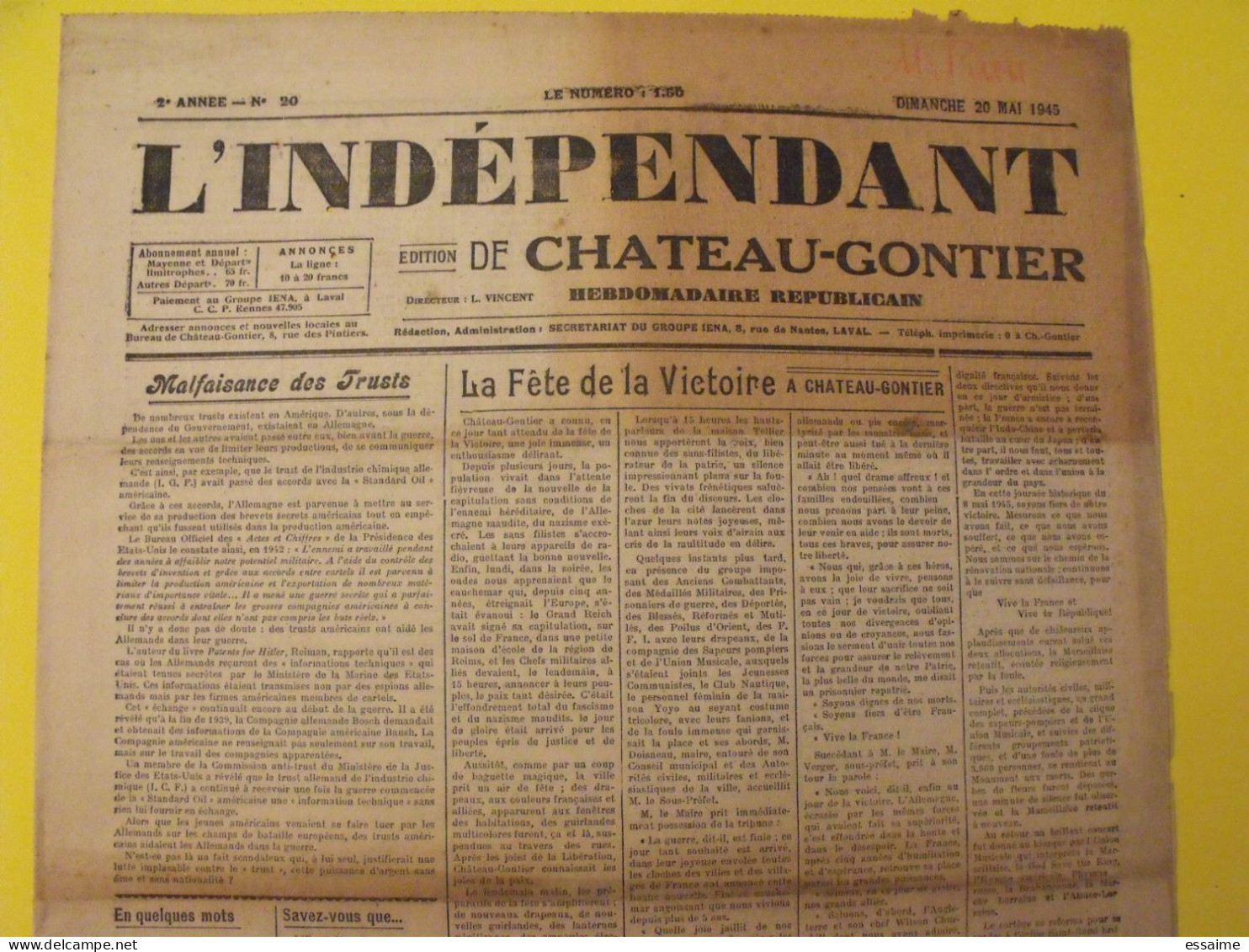 Hebdo L'indépendant De Chateau-Gontier. Mayenne Laval. N° 20, 20 Mai 1945. épuration Collaboration Guerre Victoire - War 1939-45