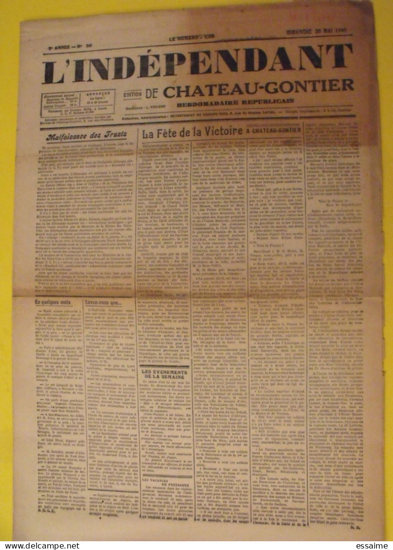 Hebdo L'indépendant De Chateau-Gontier. Mayenne Laval. N° 20, 20 Mai 1945. épuration Collaboration Guerre Victoire - Guerre 1939-45