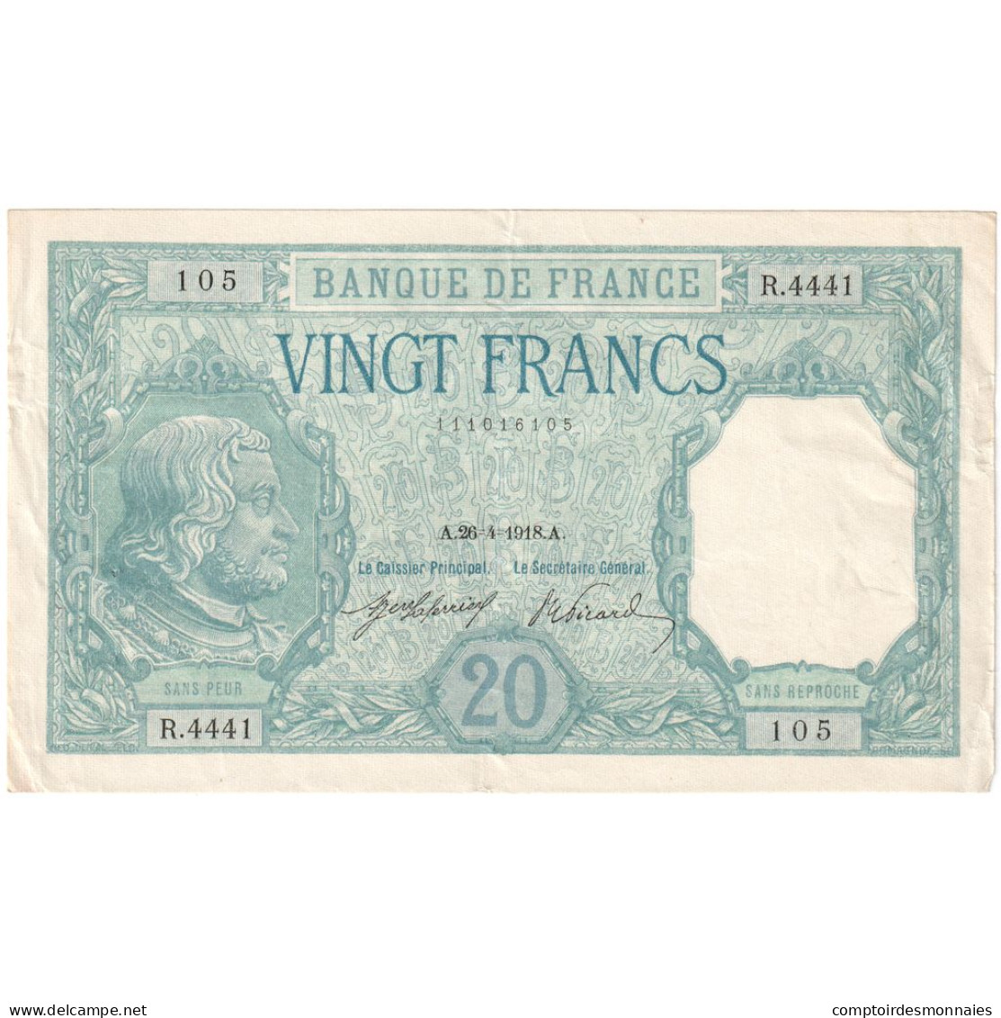 France, 20 Francs, 1918-04-26, R.4441, SUP - 20 F 1916-1919 ''Bayard''