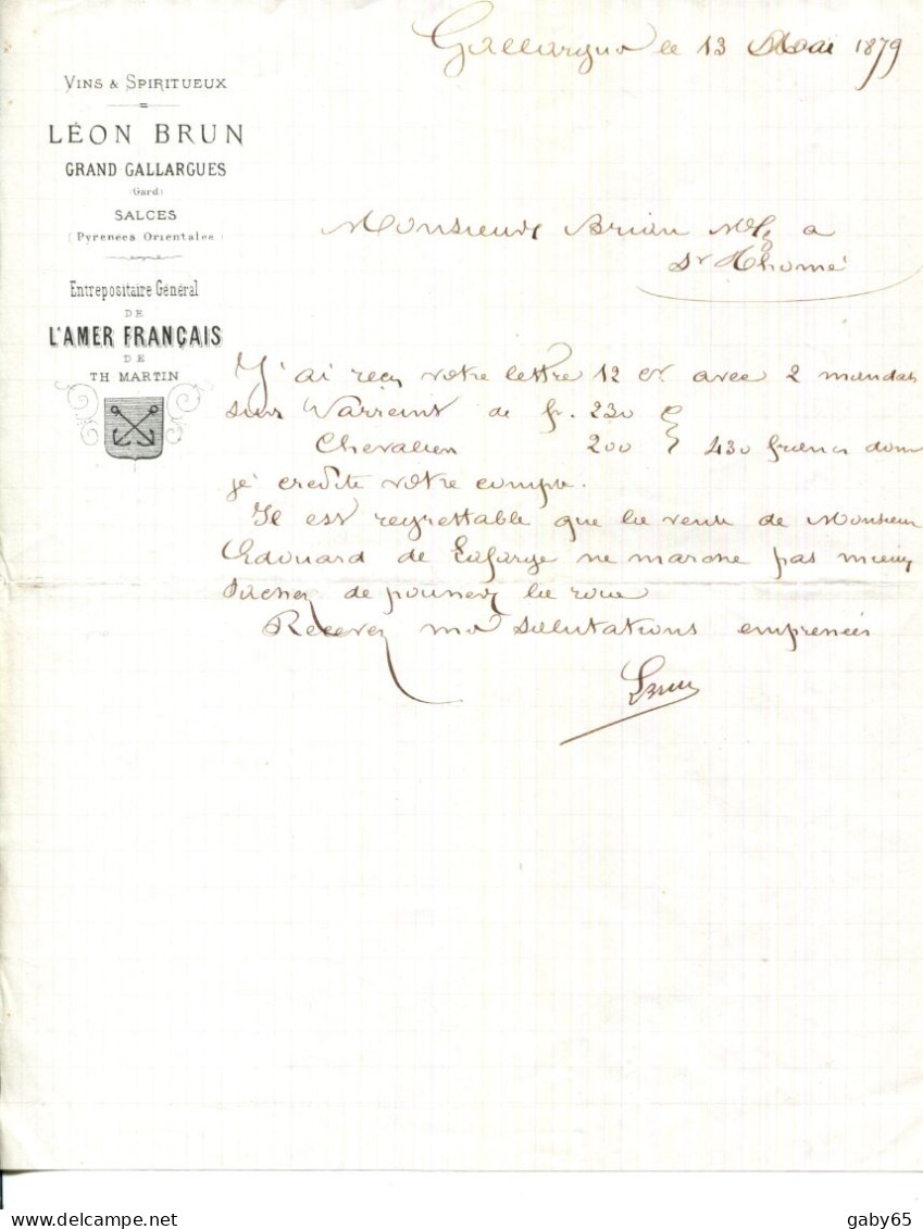 FACTURE.30.GARD.GRAND GALLARGUES.VINS & SPIRITUEUX.LEON BRUN.MAISON A SALCES PYRÉNÉES ORIENTALES. - Alimentos