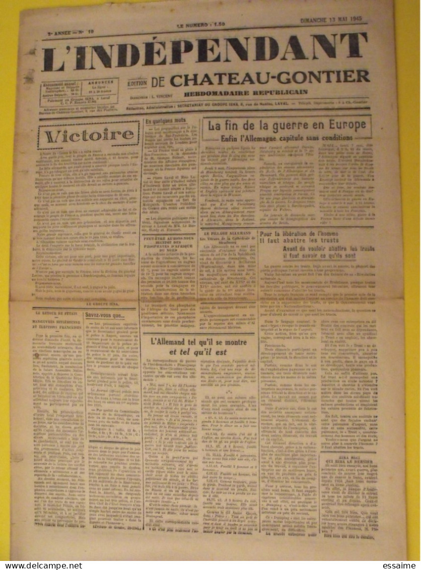 Hebdo L'indépendant De Chateau-Gontier. Mayenne Laval. N° 19 Du 13 Mai 1945. épuration Guerre Rapatriés Victoire - Weltkrieg 1939-45