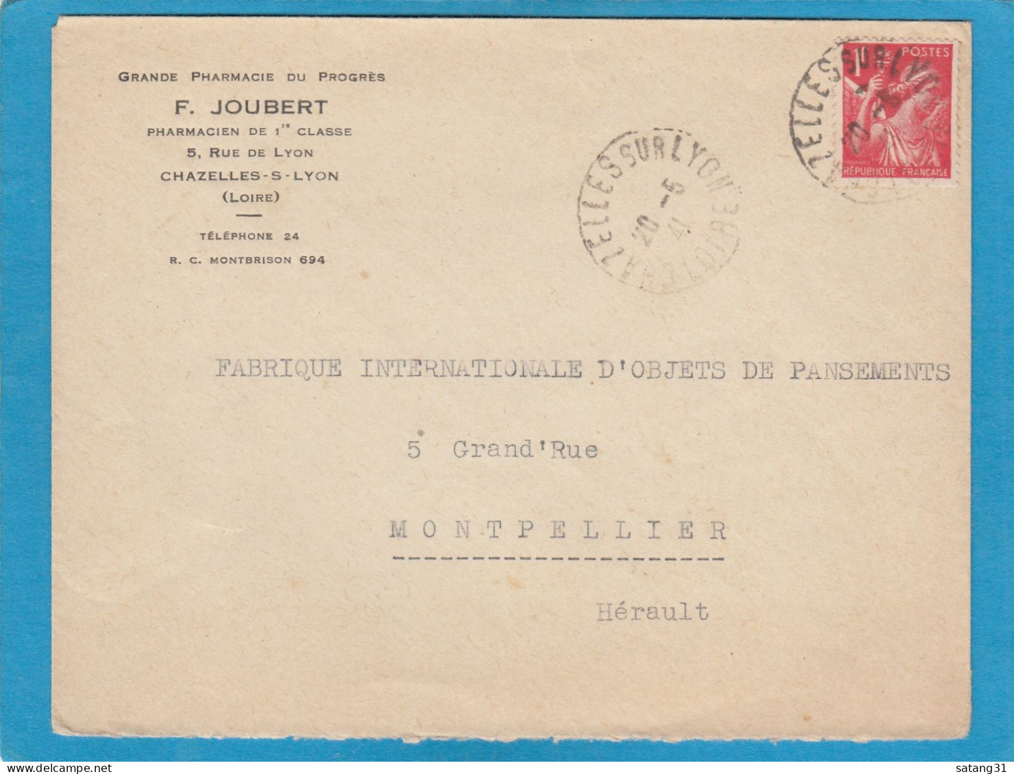 LETTRE D'UNE PHARMACIE A CHAZELLES SUR LYON POUR MONTPELLIER,1941. - Storia Postale