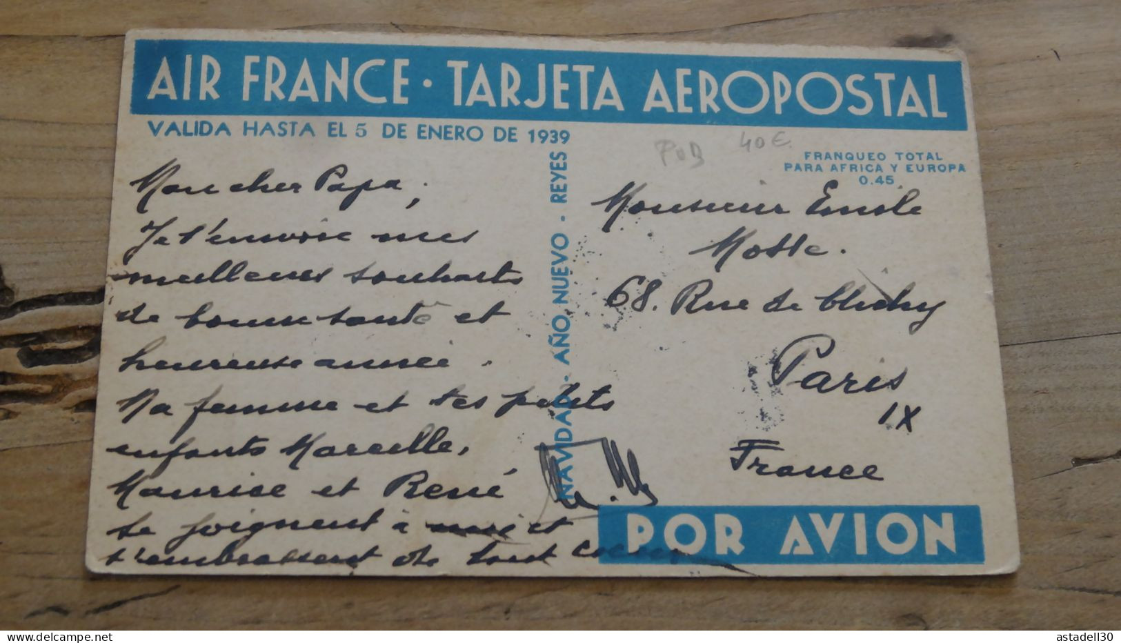 Carte AIR FRANCE 1939, Aeropostal   ................ BE-18210 - Perù