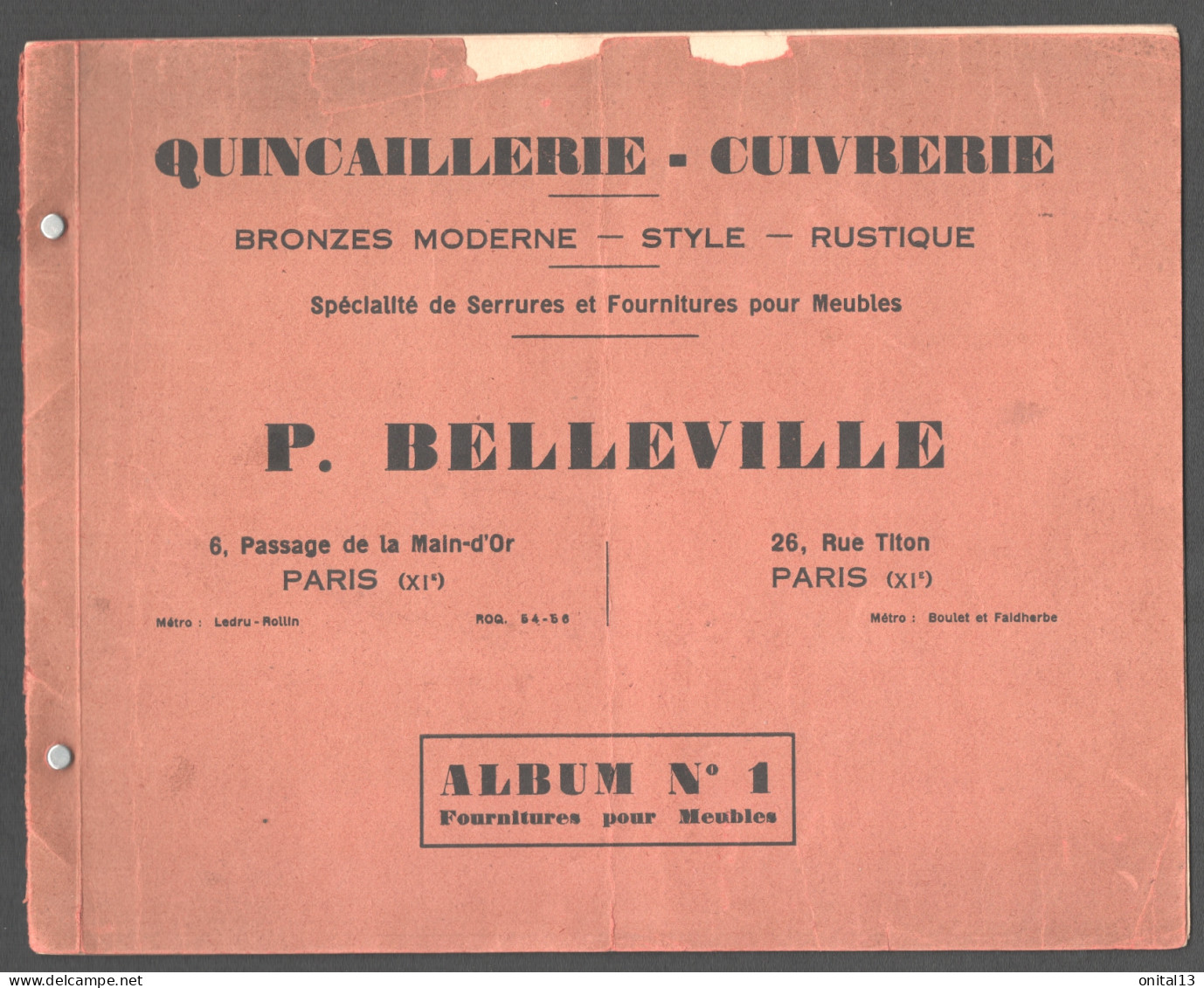 CATALOGUE QUINCAILLERIE CUIVERIE / P BELLEVILLE PARIE / SERRURES GARNITURES MEUBLES E4 - 1900 – 1949