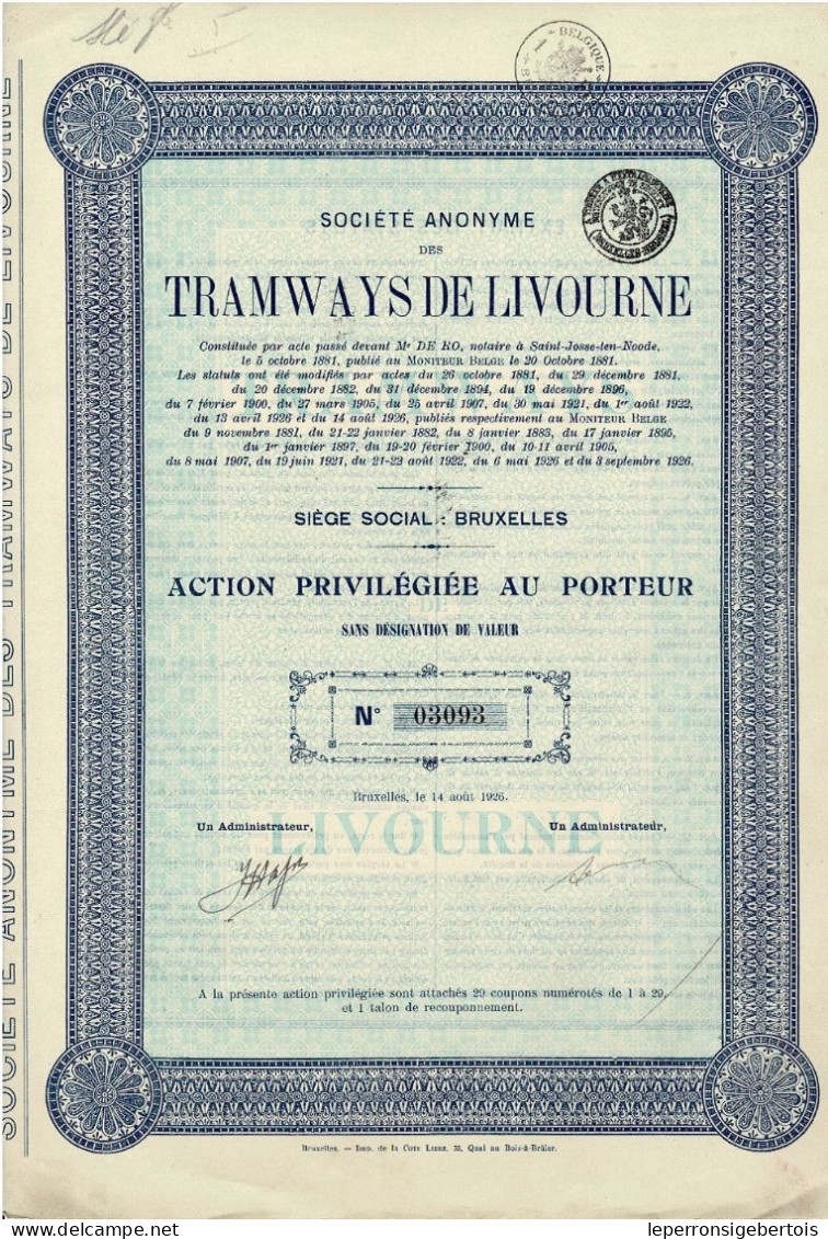 Titre De 1926 - Sté Anonyme Des Tramways De Livourne - N° 18116 - Chemin De Fer & Tramway