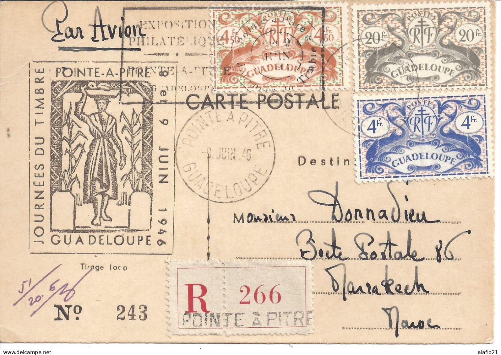 GUADELOUPE - CARTE JOURNEE Du TIMBRE 1946 ADRESSEE Au MAROC En RECOMMANDE - Storia Postale