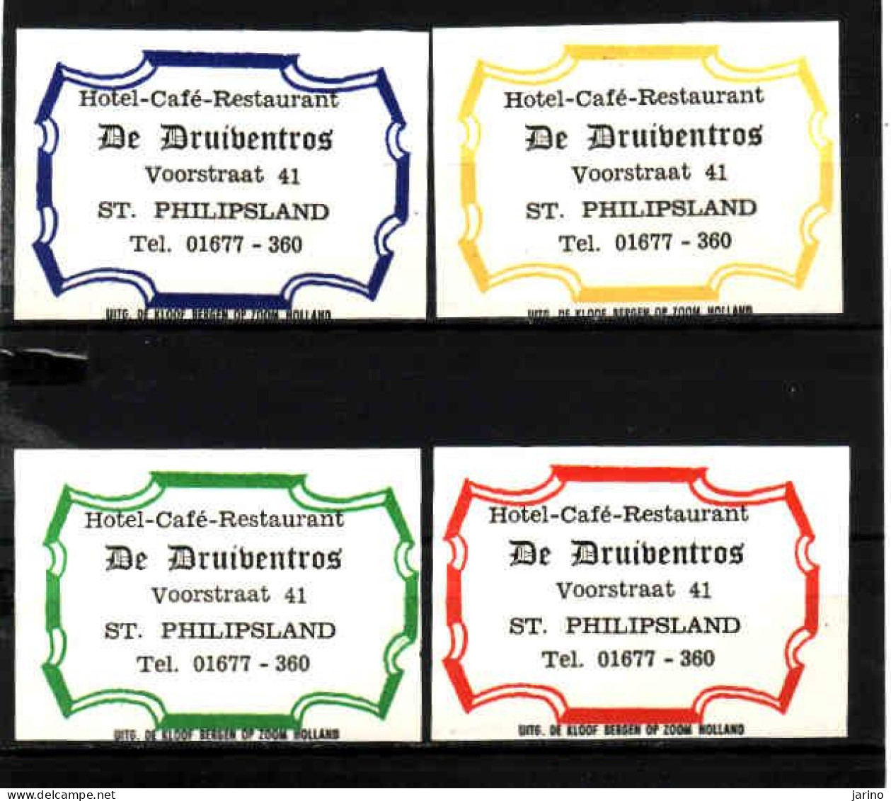 4 Dutch Matchbox Labels, St. PHILIPSLAND - Zeeland, Hotel Café Restaurant De Druibentros, Holland, Netherlands - Cajas De Cerillas - Etiquetas