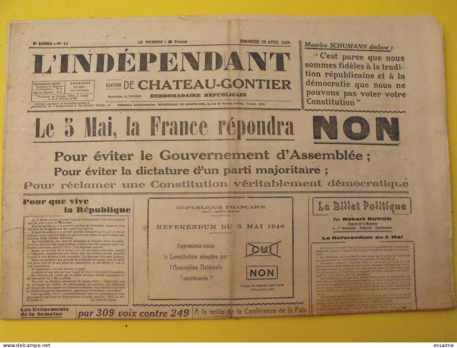 Hebdo L'indépendant De Chateau-Gontier. Mayenne Laval. N° 17 Du 28 Avril 1946. Référendum Schumann - Pays De Loire